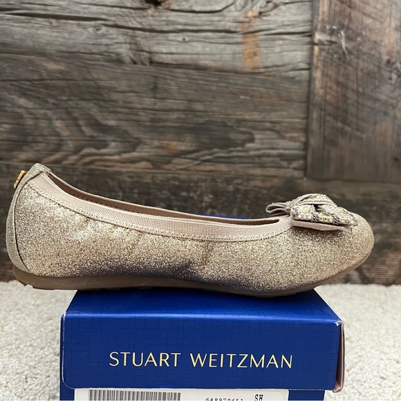 Stuart Weitzman Chain Bow Glitter Ballet Flats - Pale Gold - Size 13 - Picture 9 of 11